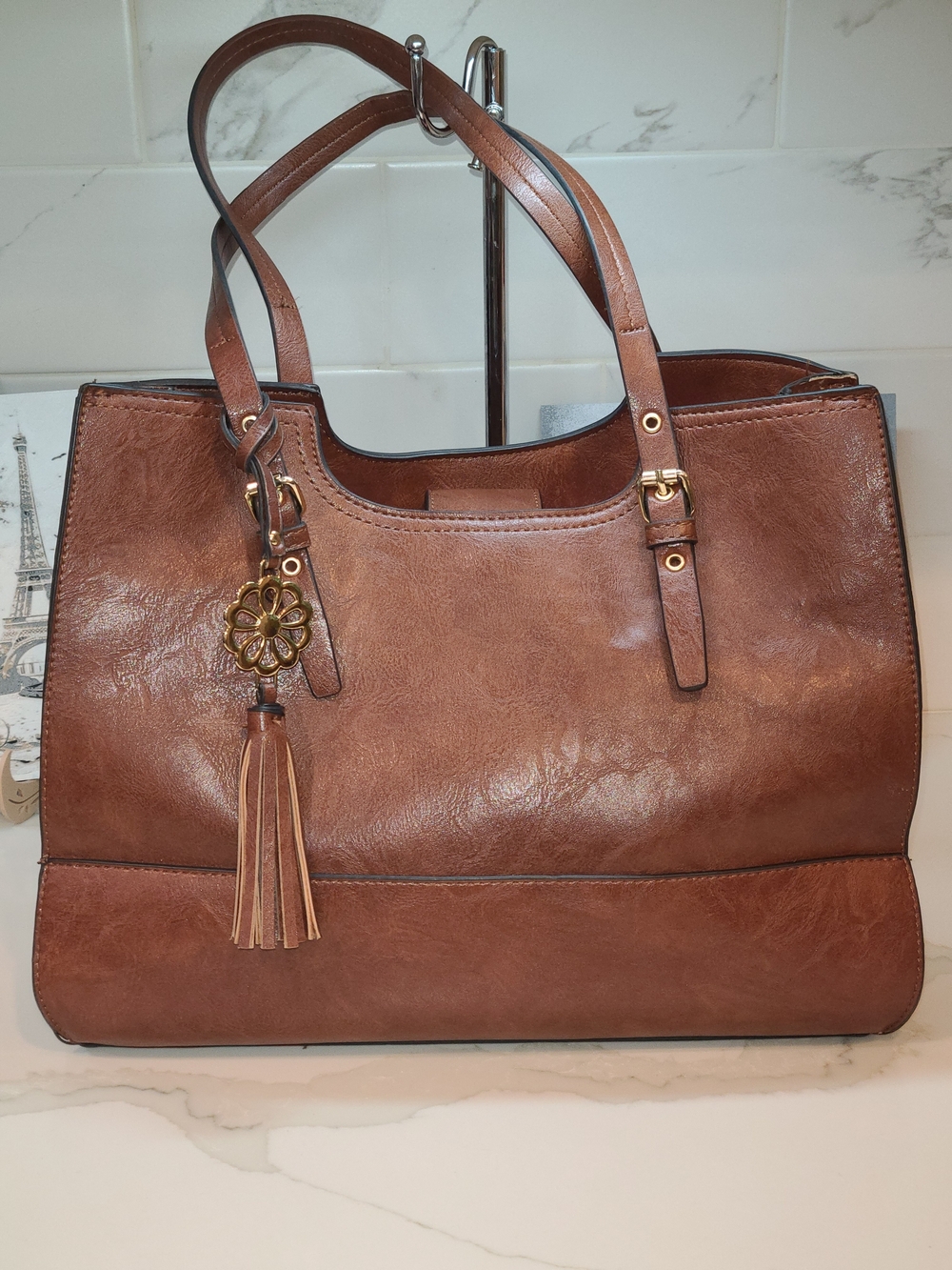 Bueno Brown Leather Tote with Tassel Charm